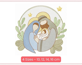 May include: Embroidered design of the Holy Family, featuring Mary, Joseph, and baby Jesus. The design is surrounded by green leaves and stars. Available in four sizes: 10, 12, 14, and 16 cm.