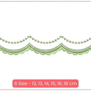 Puede incluir: Borde de encaje bordado verde con bordes festoneados. 6 tamaños: 12, 13, 14, 15, 16 y 18 cm.