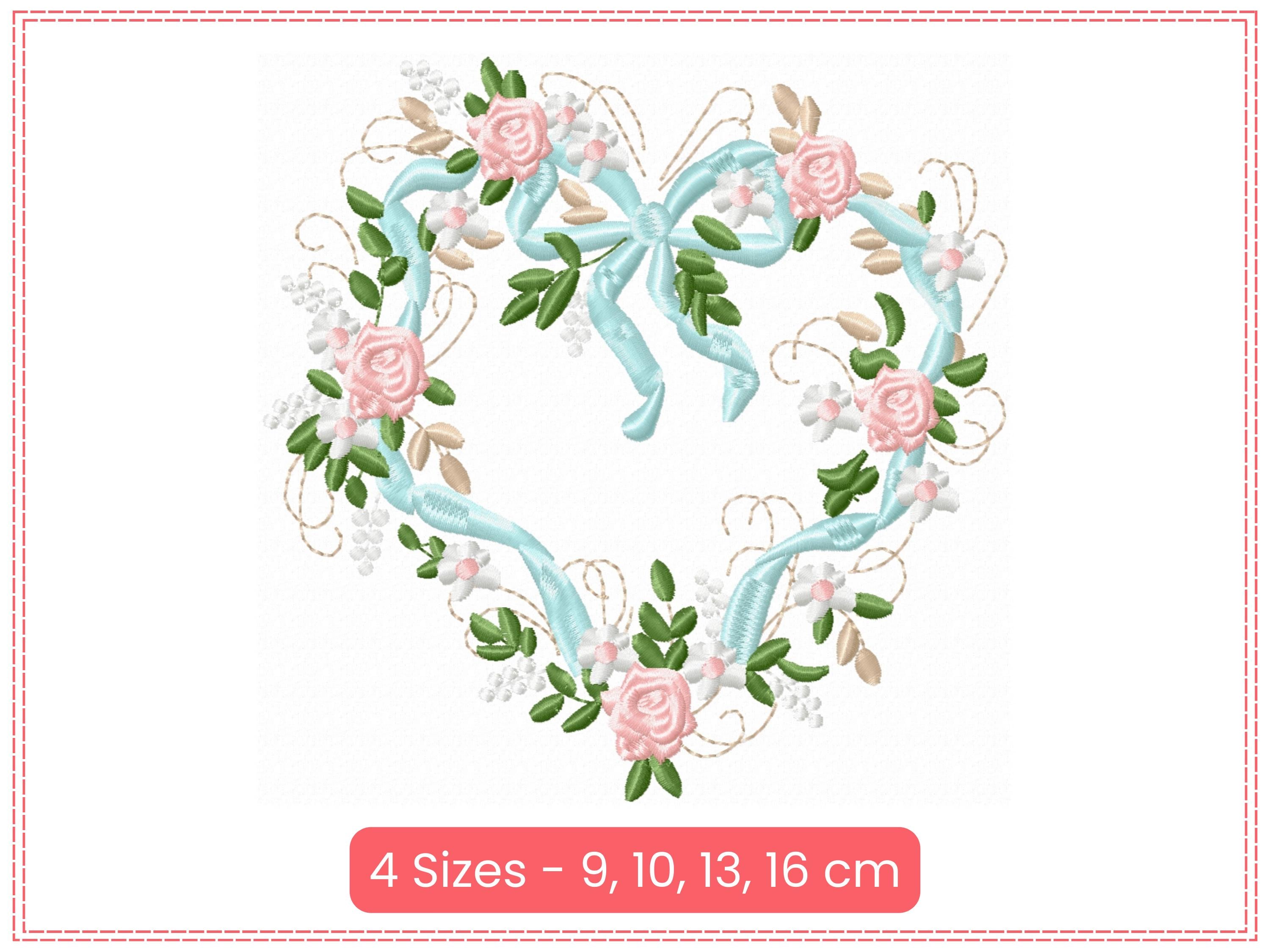 Heart Wreath Floral Embroidery Design – Rose & Ribbon Pattern– Machine ...