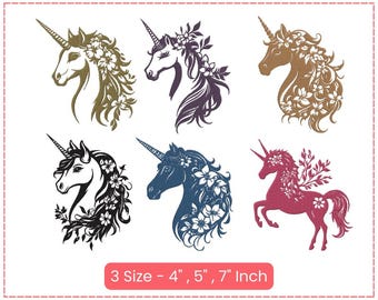 Elegant Unicorn Embroidery Design Bundle - Floral Unicorn Patterns Set | 4", 5", 7" Sizes | Fantasy Appliqué for Embroidery Machines