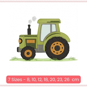 May include: A green cartoon tractor with black tires and a smokestack. The tractor has a yellow headlight and a window. The image includes the text "7 Sizes - 8, 10, 12, 18, 20, 23, 26 cm".
