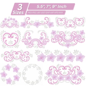May include: A collection of pink and white floral embroidery designs in various shapes and sizes. The designs include borders, wreaths, and decorative elements, with sizes of 5.5, 7, and 9 inches. The image also includes the text "3 Sizes".