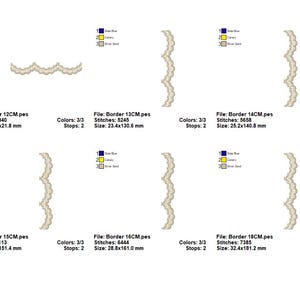 May include: A set of six embroidery designs for a decorative border. The designs are in a wavy, scalloped style and are available in sizes ranging from 12 to 18 centimeters. The designs are shown in a light beige color.