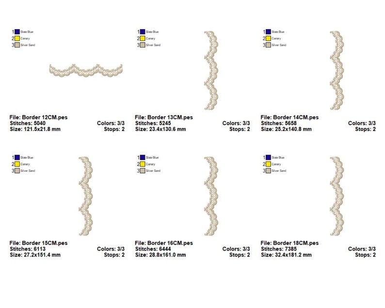 May include: A set of six embroidery designs for a decorative border. The designs are in a wavy, scalloped style and are available in sizes ranging from 12 to 18 centimeters. The designs are shown in a light beige color.