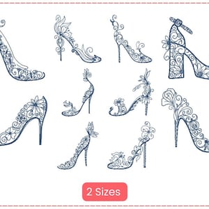 May include: A set of nine embroidery designs featuring intricate floral patterns on high-heeled shoes. The designs are available in two sizes.