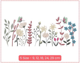 May include: Embroidered floral design with butterflies and leaves in shades of pink, green, blue, and white. The design is available in five sizes: 9, 12, 18, 24, and 29 cm.
