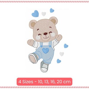 May include: Embroidered design of a brown teddy bear wearing blue overalls and a white shirt. The bear is smiling and has blue hearts around it. The design is available in four sizes: 10, 13, 16, and 20 cm.