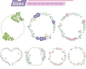 Floral Wreath Frame Embroidery Design Set, Machine Embroidery Pattern -3 sizes