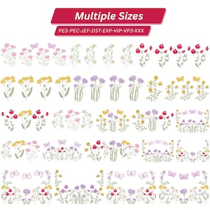 May include: A collection of floral embroidery designs in various colors, including pink, yellow, red, and purple. Butterflies are also included in some designs. The text "Multiple Sizes" is displayed at the top.