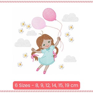 Cartoon girl in a blue dress, holding pink balloons with clouds and flowers, making it a playful machine embroidery design, 6 sizes