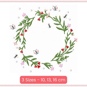 Whimsical Floral Wreath Embroidery Design with Butterflies and Bees, Machine Embroidery Pattern for Spring Decor, Circular Flower Frame