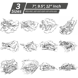 May include: Black and white line drawings of vintage airplanes and classic cars. The image includes the text "3 Sizes" and "7", 9.5", 12" Inch". The designs are surrounded by clouds and smoke, with some cars on roads.