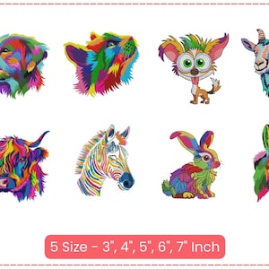 Puede incluir: Conjunto de 5 diseños de bordado de animales coloridos, que incluyen un perro, un gato, una cebra, un burro, un conejo y una vaca. Los diseños están disponibles en 5 tamaños: 3, 4, 5, 6 y 7 pulgadas.