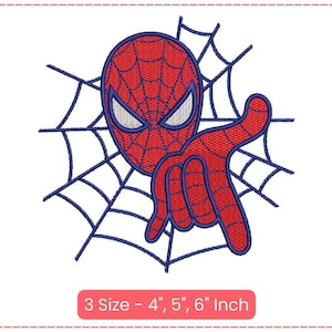 May include: Embroidered design featuring Spider-Man's head and hand, with a web background. The design is red, blue, and white. The text at the bottom reads "3 Size - 4", 5", 6" Inch".