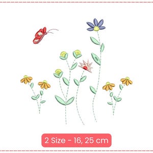 May include: Embroidered design featuring a red butterfly and a cluster of colorful flowers with green stems. The design is available in two sizes: 16 and 25 cm.