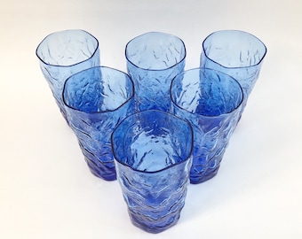 Seneca Driftwood Blue Crinkle Glass Highball Glasses - Mid-Century Barware, Set of 6