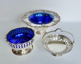 Vintage Blue Glass Trinket Bowls, Silver Plated Ring Holder, Vanity Catchall Dish Set