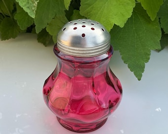 Antique Fenton Cranberry Glass Sugar Shaker: Inverted Thumbprint Muffineer