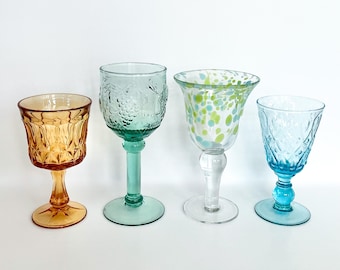 Vintage Multicolored Glass Goblets - Mid Century Barware Set of 4