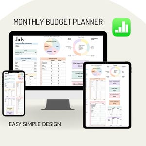 Könnte beinhalten: Eine digitale Budgetplaner-Vorlage für Juli 2024, angezeigt auf einem Computerbildschirm und einem Tablet. Die Vorlage enthält Abschnitte für die Zusammenfassung des Cashflows, die Verfolgung von Ausgaben und Sparziele. Das Design ist einfach und benutzerfreundlich.