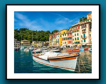 Barco blanco y edificios coloridos en el puerto de Portofino, impresión de arte mural, impresión fotográfica de viajes