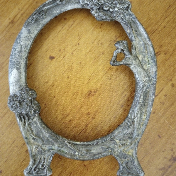 Vintage Pewter Ornate Art Nouveau Woman Floral Photo Frame Patina