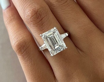 Huge 7 Carat Emerald Cut Diamond Three Stone Ring 7CT Emerald & Baguette Lab Grown Diamond VVS2-F IGI 3 Stone Ring White Gold Triad Ring