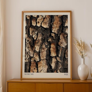 May include: A framed print of a close-up of tree bark with a brown and black color scheme. The print has the text "MOKUME" and "木目" in the bottom corners.