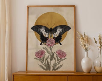 Butterfly Folk Art Print, Boho Botanical Wall Art, Vintage Butterfly Flower Art, Nature Art Print, Neutral Home Decor