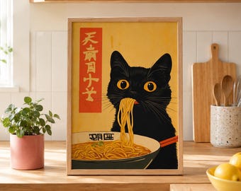 Cute Black Cat Eating Ramen Wall Art, Japanese Kitchen Wall Art, Noodle Lover Gift, Quirky Cat Print, Printable Wall Art