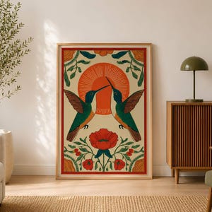 Scandinavian Hummingbird Folk Art Print: Nature Wall Decor, Printable Wall Art, Neutral Home Decor image 1