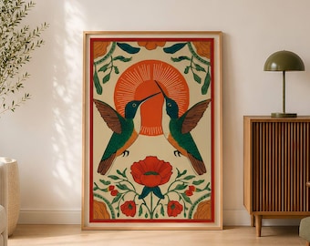 Scandinavian Hummingbird Folk Art Print: Nature Wall Decor, Printable Wall Art, Neutral Home Decor