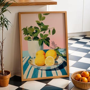 Kunst citroenen en blauwe strepen, fruit keuken decor, citroen print, fruit Art Print, kunst aan de muur keuken, eetkamer decor, afdrukbare muurkunst