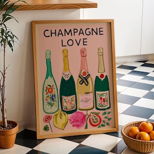 Champagne Print Bar Cart Art, Vintage Cocktail Print, Champagne, Bar Cart Prints, Cocktail Prints, Printable Wall Art, Kitchen Art