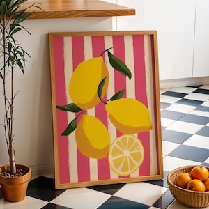 Kunst citroenen en roze strepen, fruit keuken decor, citroen print, fruit Art Print, kunst aan de muur keuken, eetkamer decor, afdrukbare muurkunst