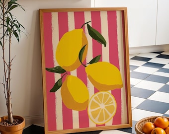 Impressão artística de cozinha com listras rosa e limões (download digital)