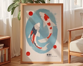Pintura de peces koi, arte mural japonés, peces koi, arte mural Japandi, arte mural de galería, arte japonés, koi