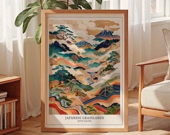 Arte mural de pastizales japoneses, impresión de arte mural japonés moderno, póster decorativo de Japón, arte mural wabi sabi, arte de viajes japonés