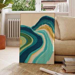 Earth Tones Abstract Wall Art, Modern Landscape Brush Textured Wall Art, Blue Green and Gold Art, Coastal Wave Art Print for Boho Home Decor