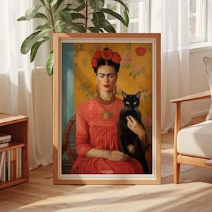 frida kahlo portrait with black cat