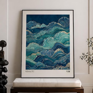 Arte japonés de olas en verde salvia y azul, lámina de arte japonés para pared, arte mural Wabi Sabi, arte mural japonés, arte mural imprimible
