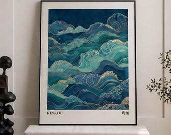 Sage Green and Blue Waves Japandi Art, Japandi Wall Art Print, Wabi Sabi Wall Art, Japanese Wall Art, Printable Wall Art