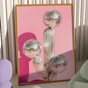 Rosa Diskokugel Kaktus Wandkunst, Diskokugel Druck, Trendige Wandkunst, y2k Kinderzimmer Dekor, Diskokugel Kunstdruck, Funky Wandkunst