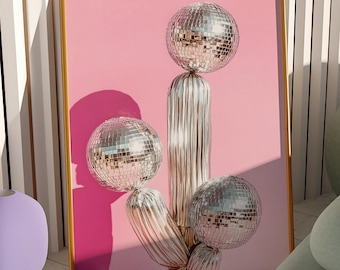 Pink Disco Ball Cactus Wall Art, Disco Ball Print, Trendy Wall Art, y2k Room Decor, Disco Ball Art Print, Funky Wall Art