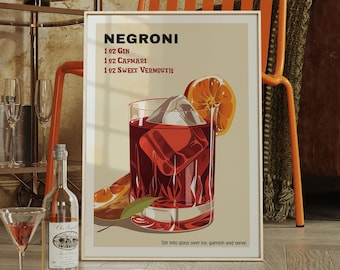 Poster di cocktail Negroni Print, arte del carrello bar, stampa di cocktail retrò, Negroni, stampe del carrello bar, stampa di alcolici, download digitale