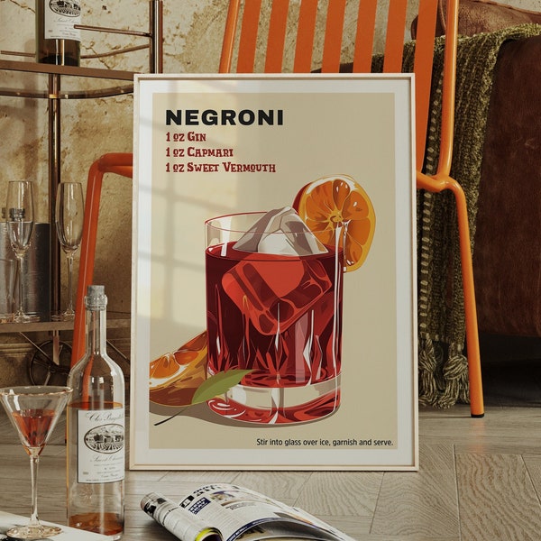 Negroni Print Cocktail Poster, Retro Cocktail Print, Negroni, Bar Cart Prints, Liquor Wall Art, Cocktail Wall Art, Digital Download