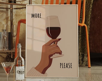 More Wine Please, Wine Poster, Bar Cart Prints, Cocktail Wall Art, Cocktail Print, Vintage Cocktail Art, Digital Download