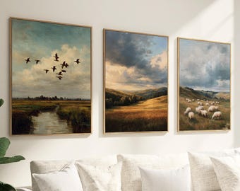 Vintage Landscape Wall Art Set of 3, Farmhouse Neutral Poster, Countryside Prints, Neutral Bedroom Wall Art, Digital Oil Painting