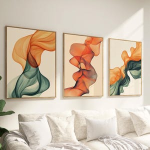 Juego de 3 impresiones de arte mural moderno de mediados de siglo, impresión artística abstracta en verde salvia y naranja quemado, arte mural imprimible, juego de 3 pósteres