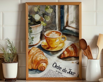 Croissant Print, Französische Küche Wandkunst, Kaffeebar Druck, Kaffee Poster, Croissant Art, Kaffee Kunstdruck, Küchendrucke, Croissant